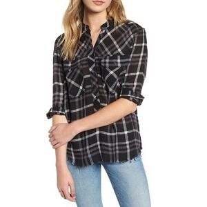 Rails Redding Shirt Womens Small S Ink Grey White Plaid Long Sleeve Frayed Hem